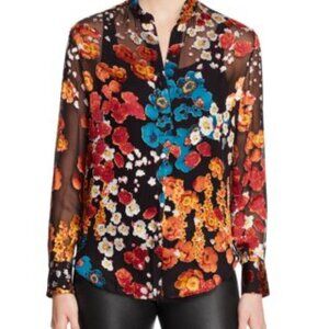 Alice + Olivia flocked velvet sheet blouse, black and orange floral, size XS